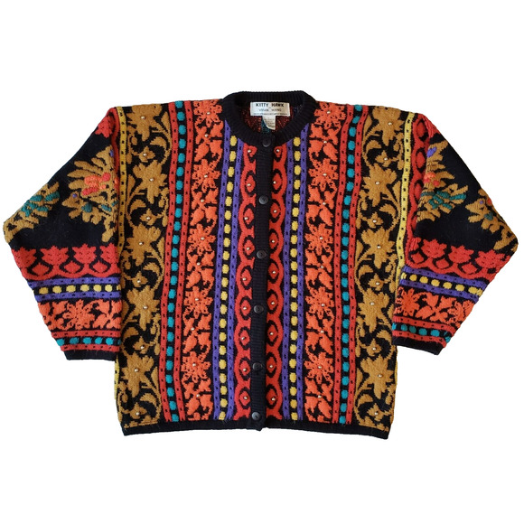 Vintage 80s/90s Large Kitty Hawk by Vivian Wang Novelty Cardigan Sweater Beaded - Picture 1 of 14
